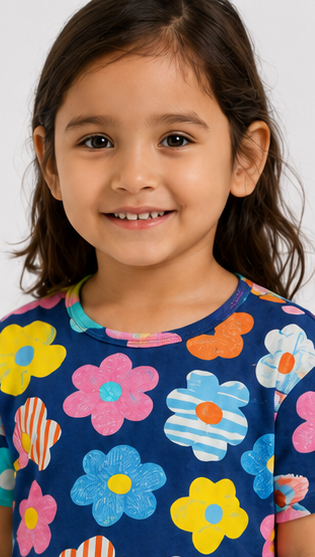 Colorful Floral Print Kids Co-Ord Set – Navy Blue Multicolor Flower T-Shirt & Shorts for Girls