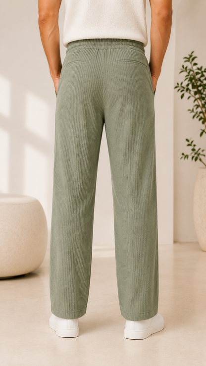 Pistachio Green Ribbed Track Pants for Men | Premium Relaxed Fit Textured Joggers with Zip Pockets