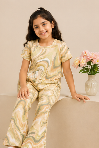 Girls Beige Marble Co-Ord Set | Kids Crop Top & Flared Pants Outfit | Trendy Western Wear for Girls