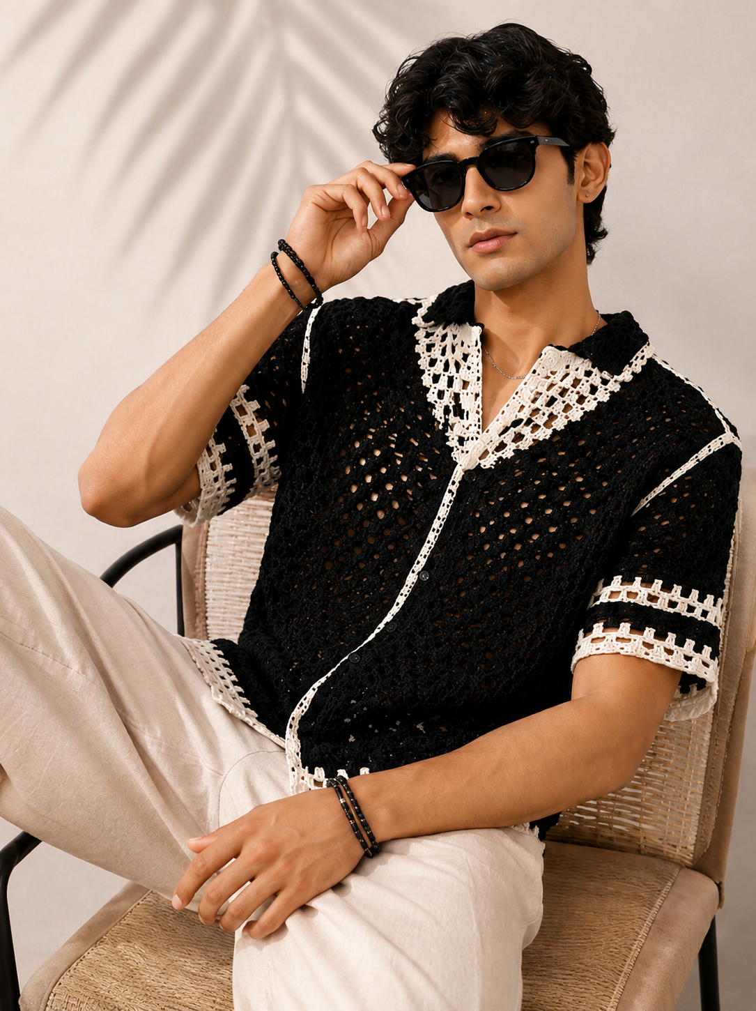 Men's Black Crochet Knit Shirt with White Contrast Trim | Summer Resort Wear