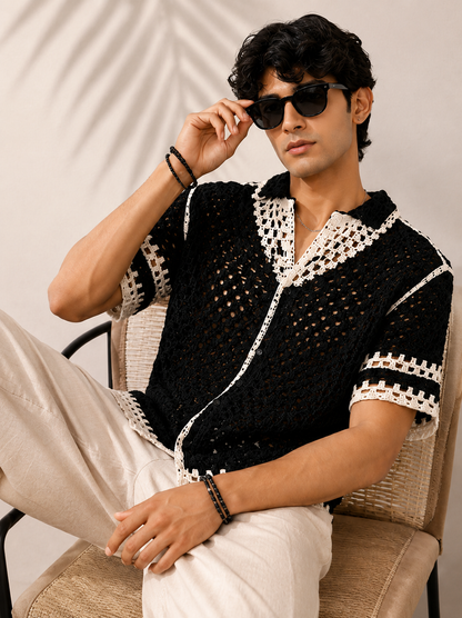 Men's Black Crochet Knit Shirt with White Contrast Trim | Summer Resort Wear