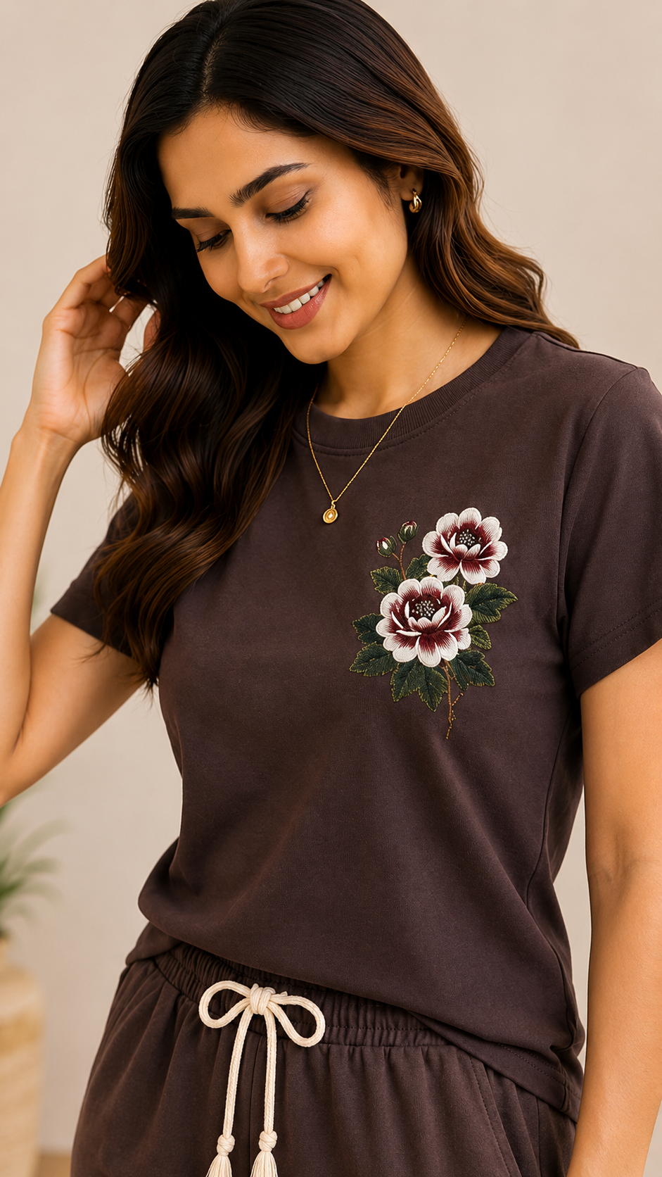 Women’s Coffee Brown Floral Embroidered Co-Ord Set – Casual T-Shirt & Shorts Lounge Wear
