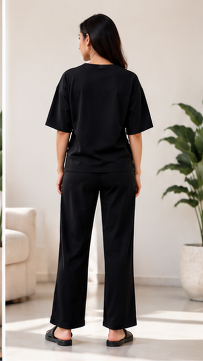 Women’s Black Co-ord Lounge Set | Premium Relaxed Fit T-Shirt & Straight Pants Set