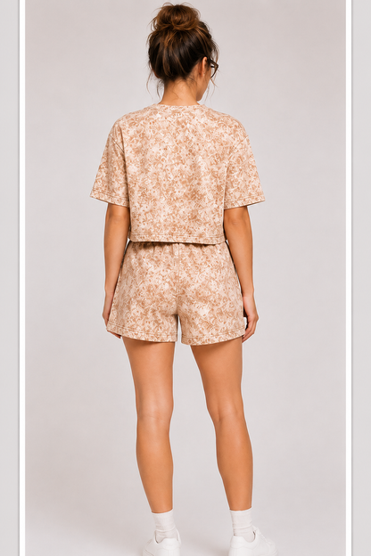 Horcun Women’s Beige Marble Print Co-Ord Shorts Set | Casual Matching Outfit