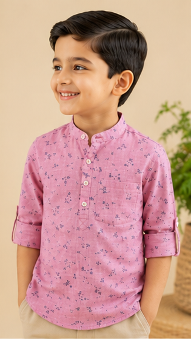 Boys Pink Floral Printed Mandarin Collar Cotton Shirt (Full Sleeve)