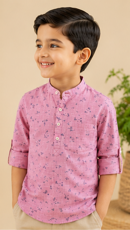 Boys Pink Floral Printed Mandarin Collar Cotton Shirt (Full Sleeve)