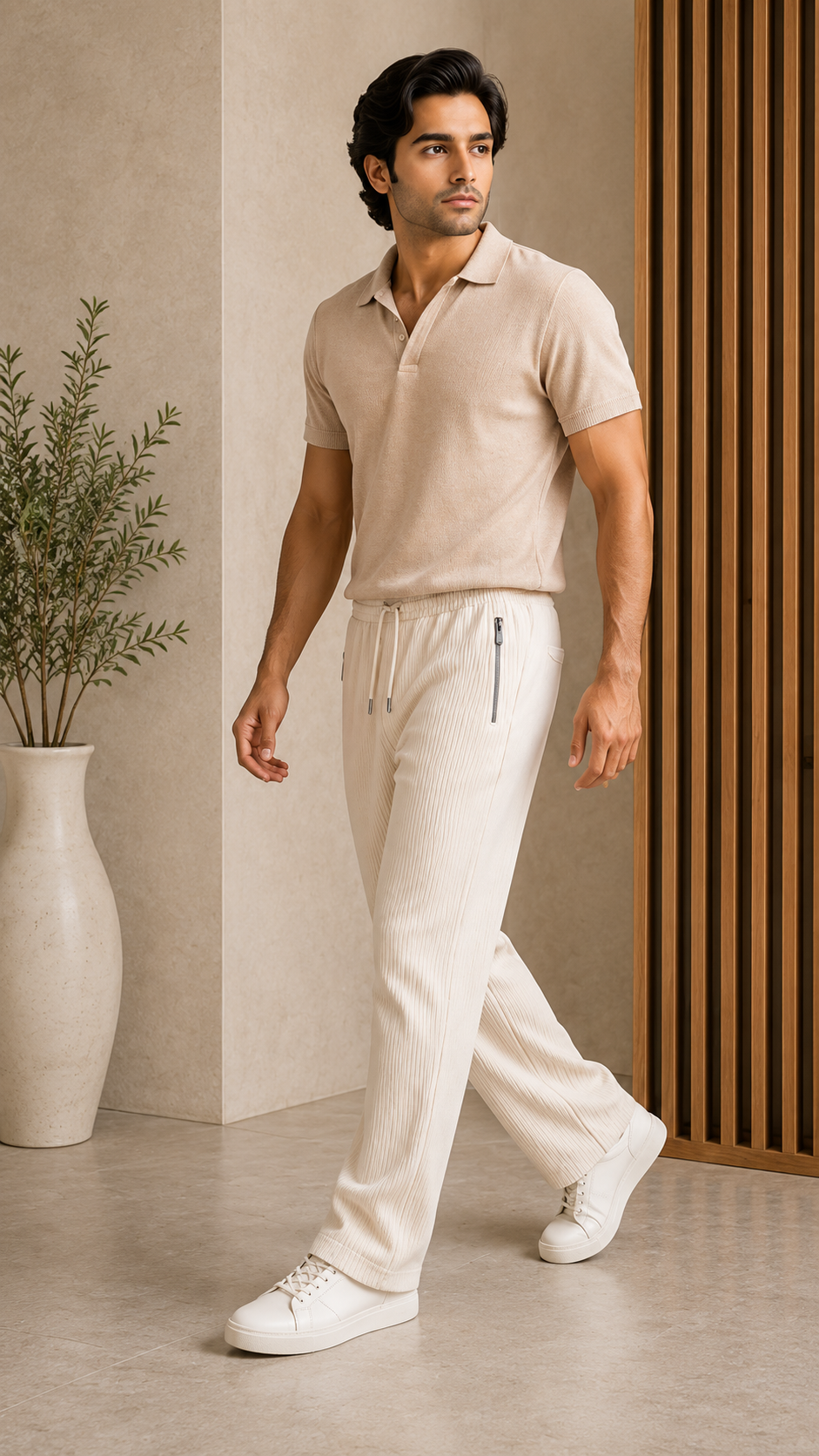 Light Cream Ribbed Track Pants for Men | Premium Textured Relaxed Fit Joggers with Zip Pockets