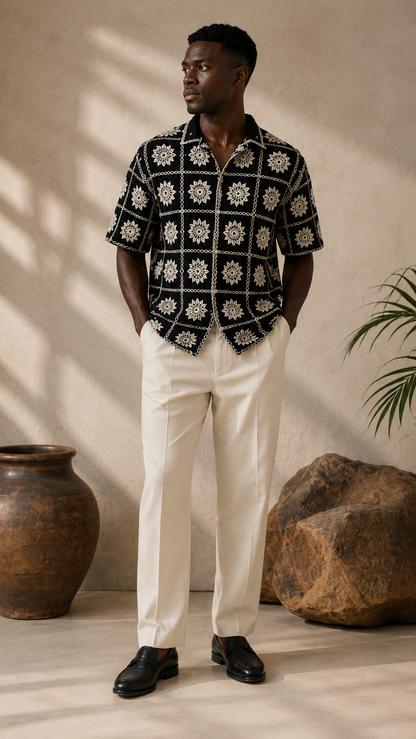 Men's Black Floral Embroidered Shirt – Premium Casual Summer Resort Wear