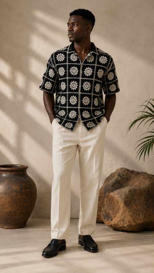 Men's Black Floral Embroidered Shirt – Premium Casual Summer Resort Wear