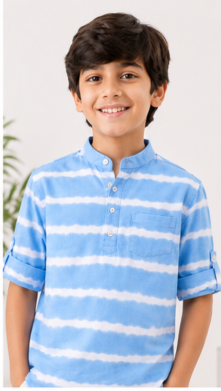 Boys Sky Blue Tie-Dye Striped Mandarin Collar Shirt (Full Sleeve)