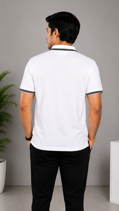 Men’s Premium White Polo T-Shirt with Black Contrast Collar & Sleeve Stripes