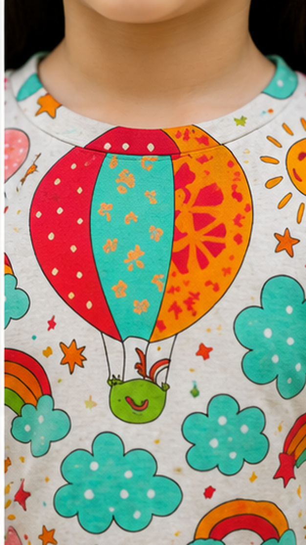 Rainbow Sky Balloon Print Kids Co-Ord Set – Cute Cloud & Sun Graphic T-Shirt & Shorts for Girls
