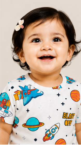 Space Rocket Print Kids Co-Ord Set – Blast Off Cotton T-Shirt & Shorts for Girls