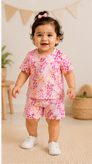 Abstract Animal Print Kids Co-Ord Set – Multicolor Leopard Style T-Shirt & Shorts for Girls