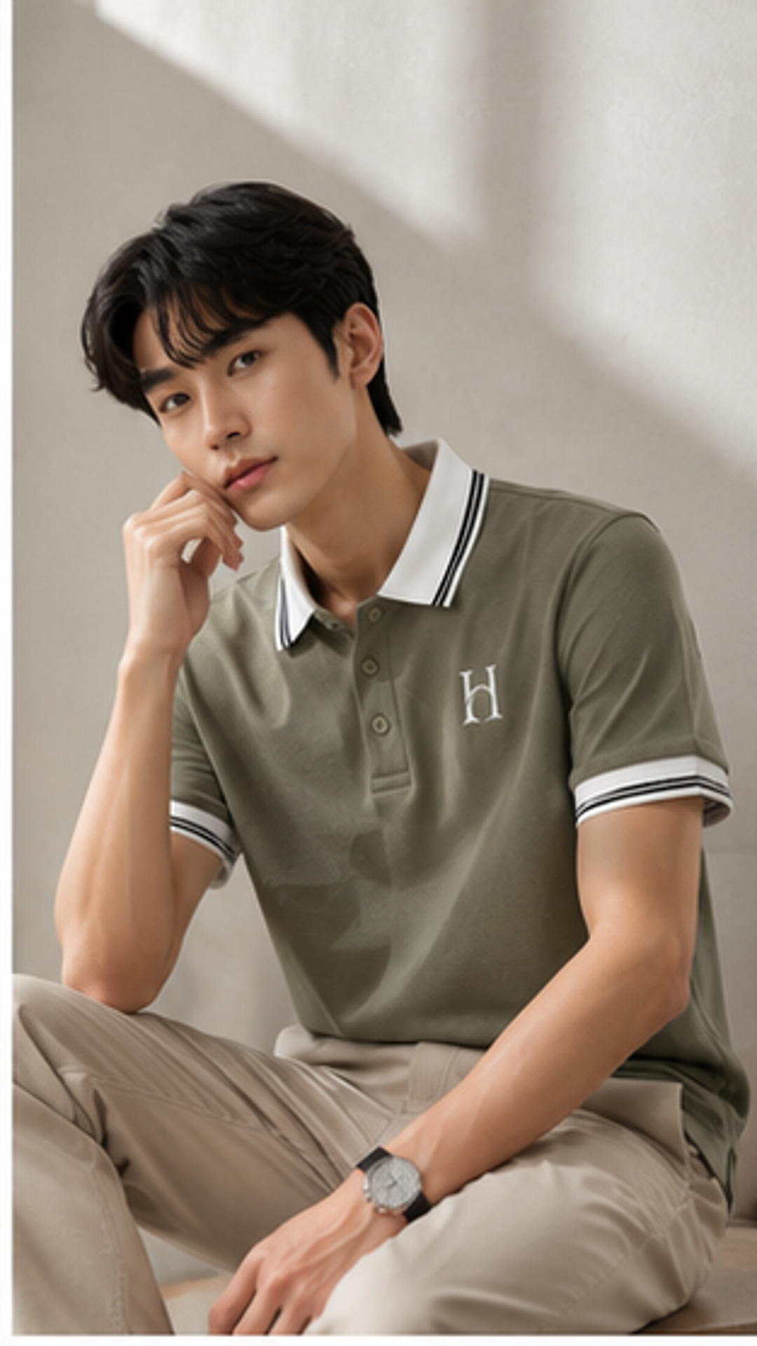 Men's Premium Olive Green Polo T-Shirt with White Contrast Collar | Smart Casual Half Sleeve Polo Tee