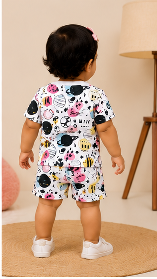 Abstract Space Print Kids Co-Ord Set – Stylish Planet Graphic T-Shirt & Shorts for Girls