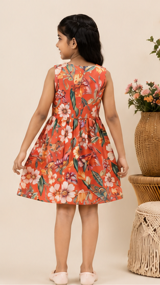 Girls Coral Floral Printed Sleeveless Dress – Soft Summer Kidswear