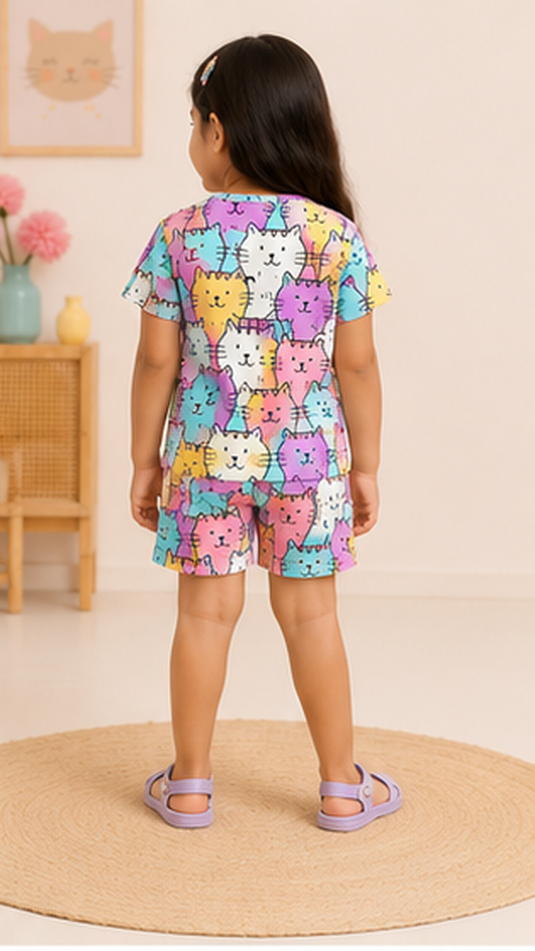 Cute Cat Print Kids Co-Ord Set – Multicolor Cartoon Kitty Cotton T-Shirt & Shorts
