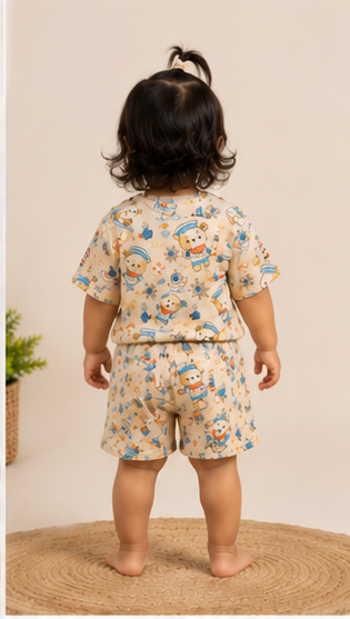 Cute Nautical Teddy Bear Kids Co-Ord Set – Sailor Theme Printed T-Shirt & Shorts for Girls