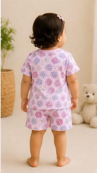 Pastel Floral Kids Co-Ord Set – Cute Daisy Print Cotton T-Shirt & Shorts Set