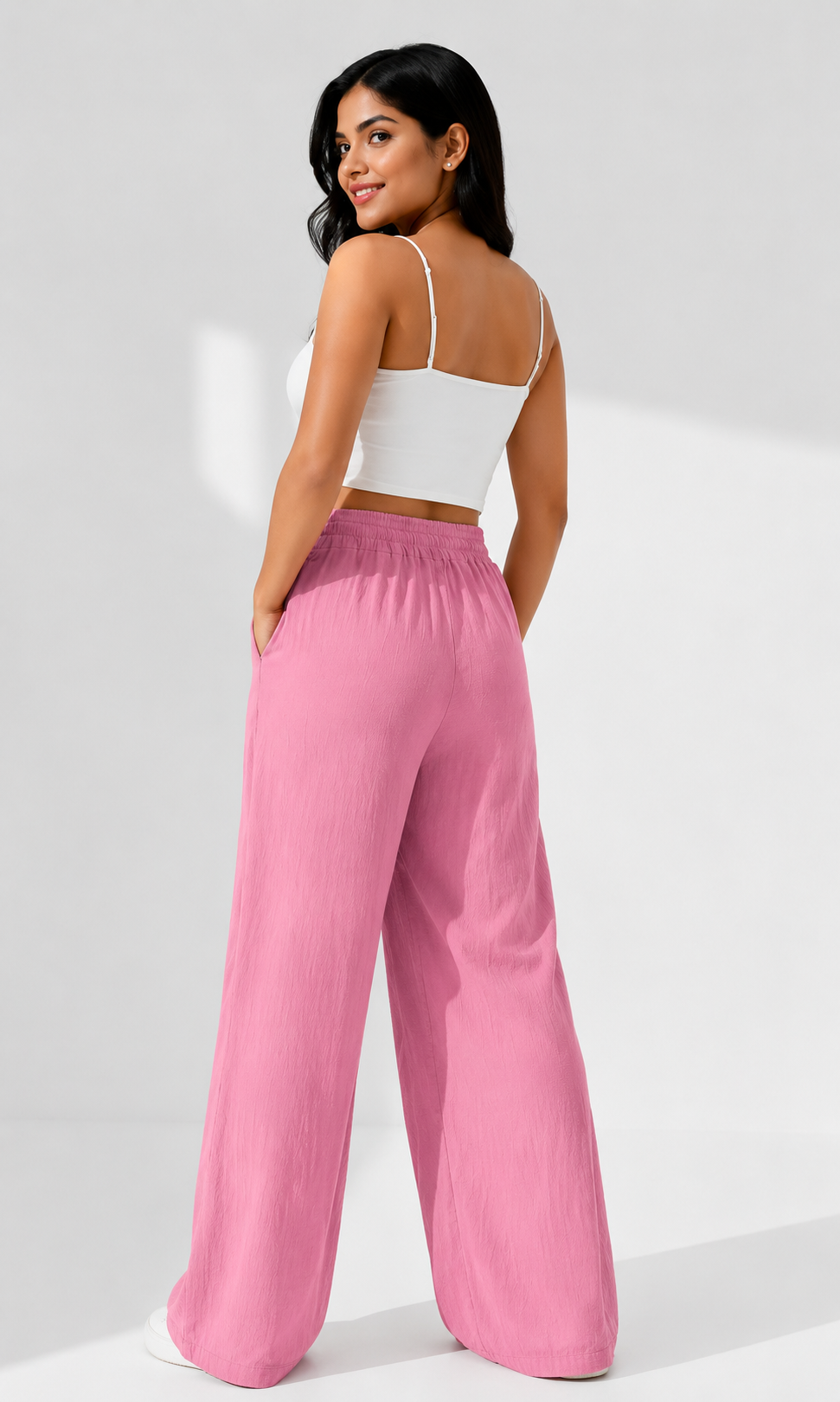 Pink Wide Leg Palazzo Pants for Women | Elastic Waist Crinkle Lounge Trousers