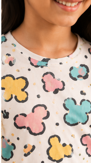 Girls Cartoon Print Co-Ord Set | Kids Crop Top & Bell Bottom Pants Outfit | Trendy Western Wear for Girls