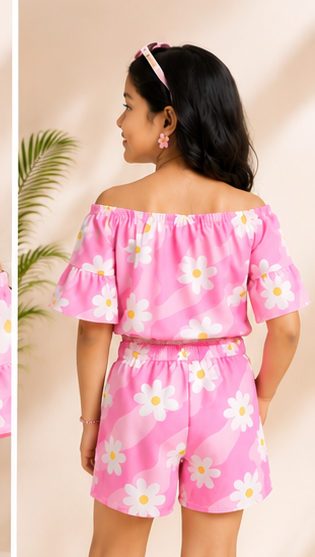 Girls Pink Daisy Floral Off-Shoulder Co-ord Set with Tie-Up Shorts