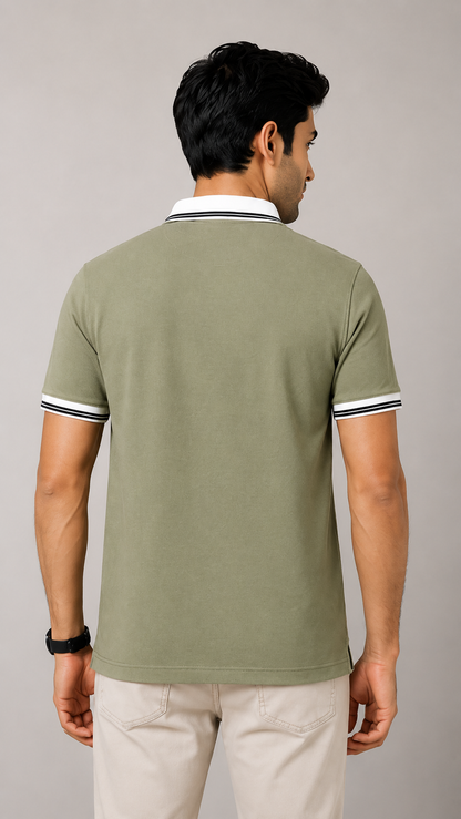 Men’s Premium Sage Green Polo T-Shirt with White Contrast Collar & Sleeve Stripes