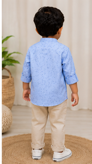 Boys Sky Blue Micro Print Cotton Short Kurta Shirt – Elegant Casual Kidswear