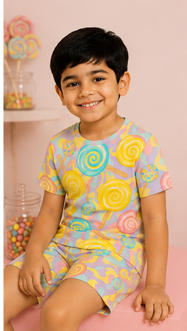 Candy Lollipop Print Kids Co-Ord Set – Soft Cotton T-Shirt & Shorts Summer Outfit for Boys & Girls