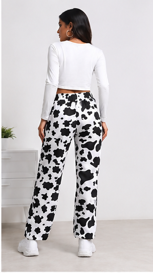 Women Black White Cow Print Pants – Stylish Wide Leg Casual Streetwear Trousers