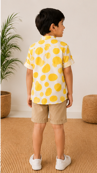Boys White & Yellow Polka Dot Cotton Short Kurta Shirt – Trendy Summer Kidswear