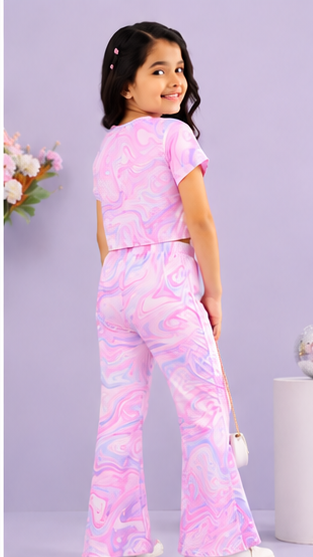 Girls Pastel Marble Co-Ord Set | Kids Crop Top & Flared Pants Outfit | Stylish Party Wear for Girls