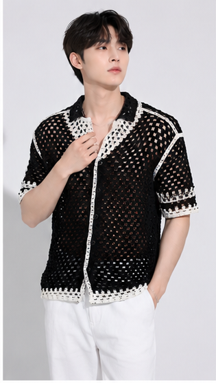 Men's Black Open Mesh Crochet Shirt – Premium Handmade Resort Wear Knit Shirt