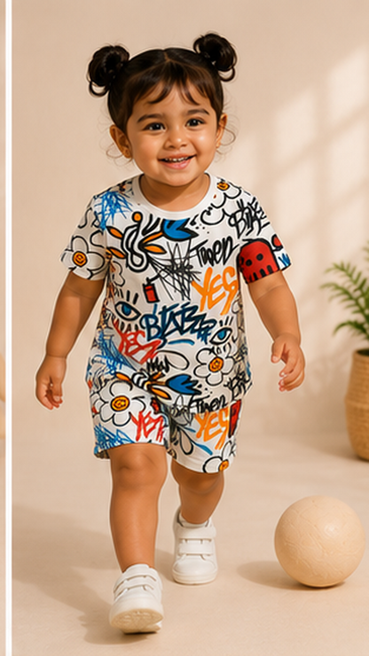 Urban Graffiti Print Kids Co-Ord Set – Trendy Cotton T-Shirt & Shorts for Girls