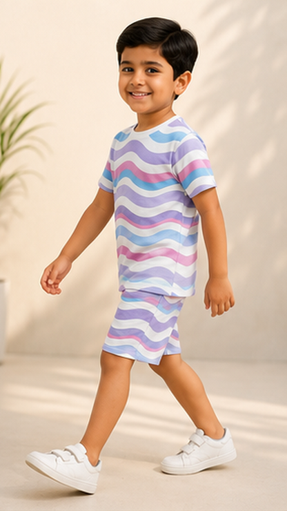 Pastel Wave Stripe Kids Co-Ord Set – Soft Cotton T-Shirt & Shorts Summer Outfit for Boys & Girls