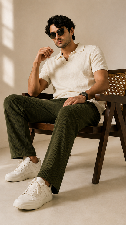 Olive Green Ribbed Track Pants for Men | Premium Relaxed Fit Textured Joggers with Zip Pockets