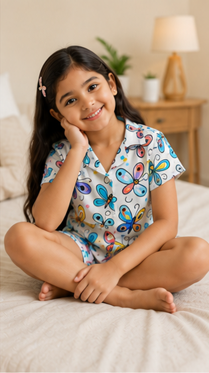 Butterfly Print Kids Co-Ord Set – Stylish Cotton Shirt & Shorts Set for Girls