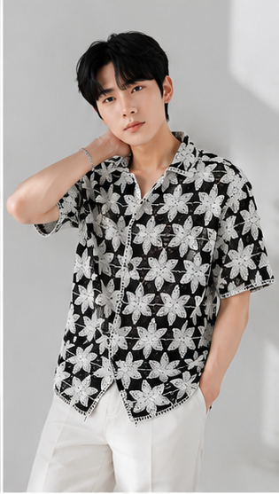 Men's Black & White Crochet Floral Knit Shirt – Handmade Luxury Resort Wear Shirt