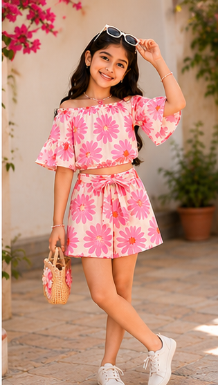 Girls Peach Pink Daisy Floral Off-Shoulder Co-Ord Set – Summer Top & Shorts