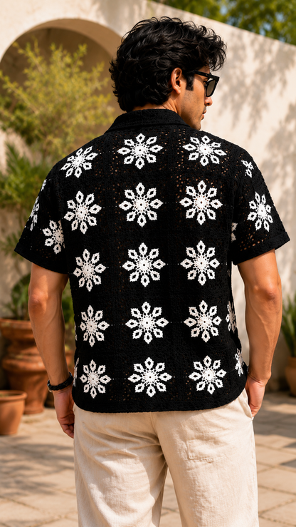Men's Black Floral Crochet Shirt | Premium Handmade Knit Summer Resort Wear