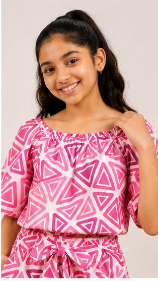 Girls Pink Geometric Off-Shoulder Co-ord Set with Tie-Up Shorts