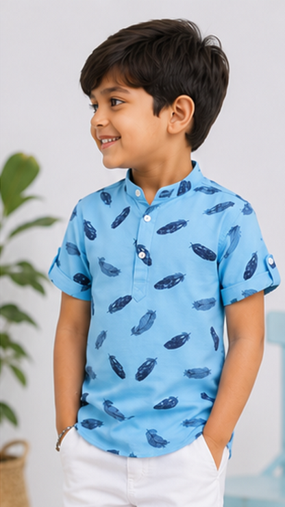 Boys Sky Blue Feather Print Mandarin Collar Shirt (Full Sleeve)