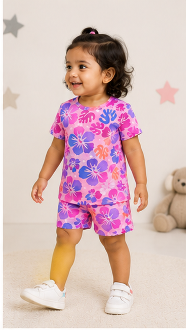 Tropical Floral Kids Co-Ord Set – Pink & Purple Hibiscus Printed T-Shirt & Shorts for Girls