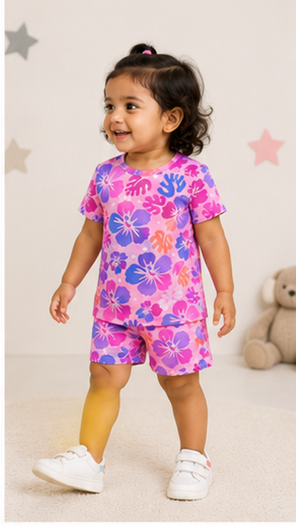 Tropical Floral Kids Co-Ord Set – Pink & Purple Hibiscus Printed T-Shirt & Shorts for Girls