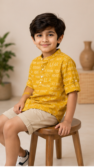 Boys Mustard Yellow Typography Print Mandarin Collar Shirt (Full Sleeve)