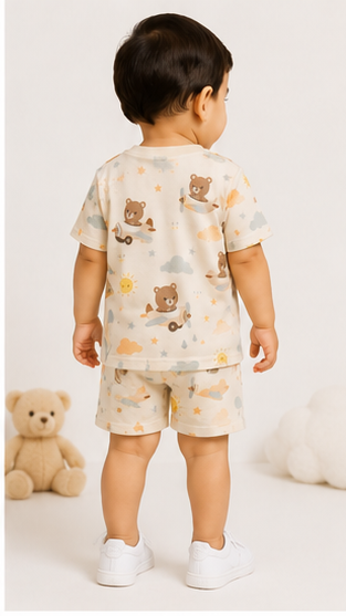 Cute Teddy Airplane Print Kids Co-Ord Set – Soft Cotton T-Shirt & Shorts Summer Outfit for Boys & Girls