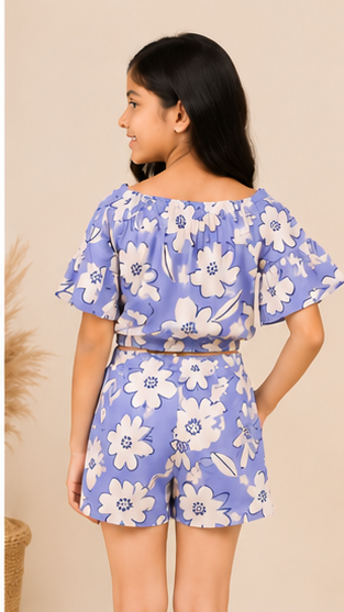 Girls Lavender Floral Off-Shoulder Co-ord Set with Tie-Up Shorts