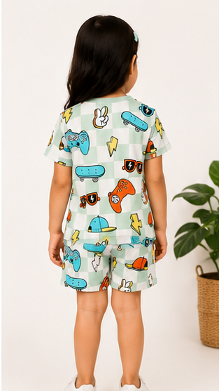 Urban Play Kids Co-Ord Set – Checkered Cartoon Printed T-Shirt & Shorts for Boys & Girls