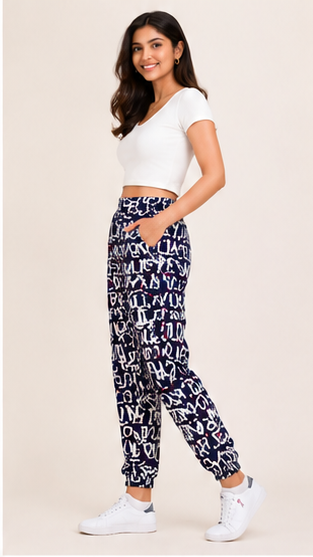 Women Navy Blue Printed Joggers – Stylish Slim Fit Casual Lounge & Streetwear Pants